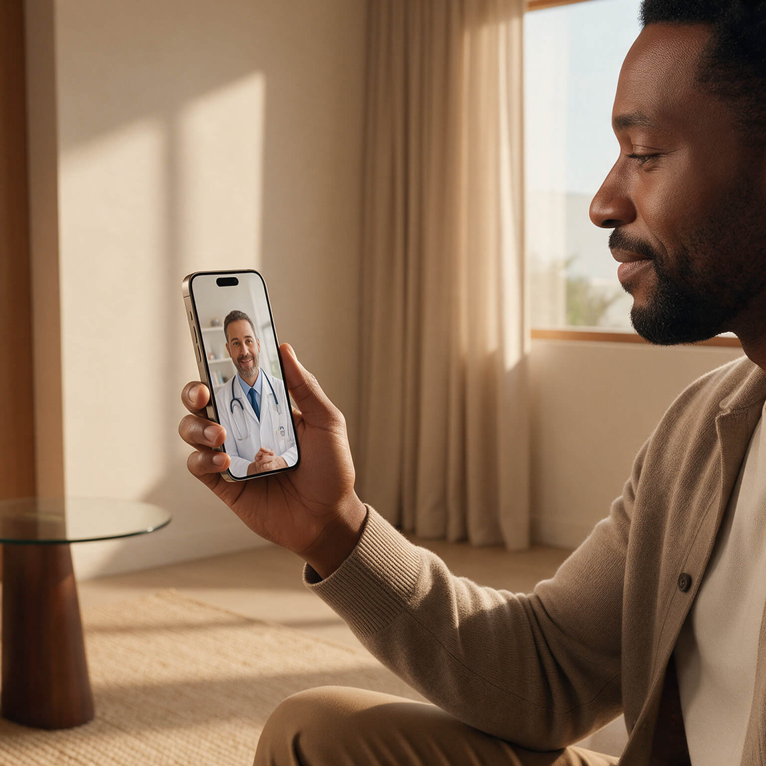 Mulher sorrindo ao ar livre, olhando para o celular