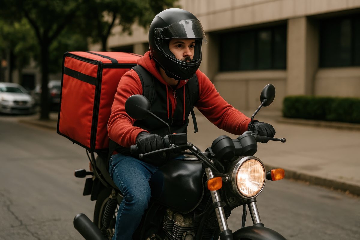 Motoboy com capacete e bolsa de entrega